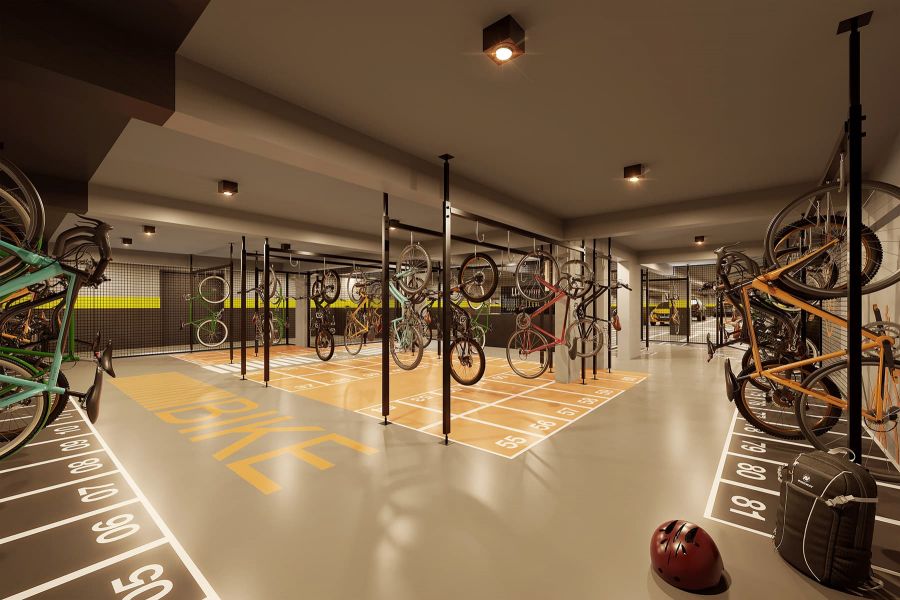 Bicicletário coberto com bicicletas em suportes suspensos