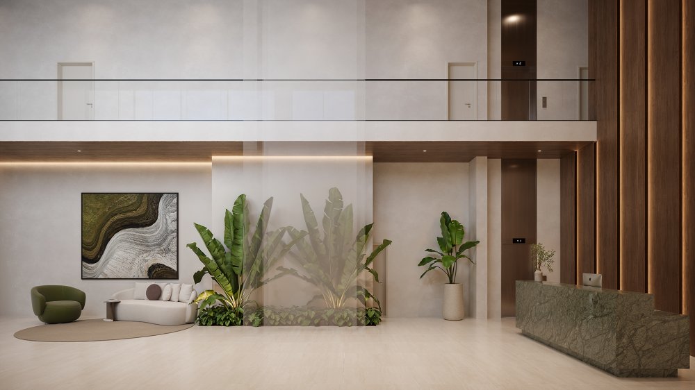 Hall de entrada com pé-direito duplo e recepção em mármore verde