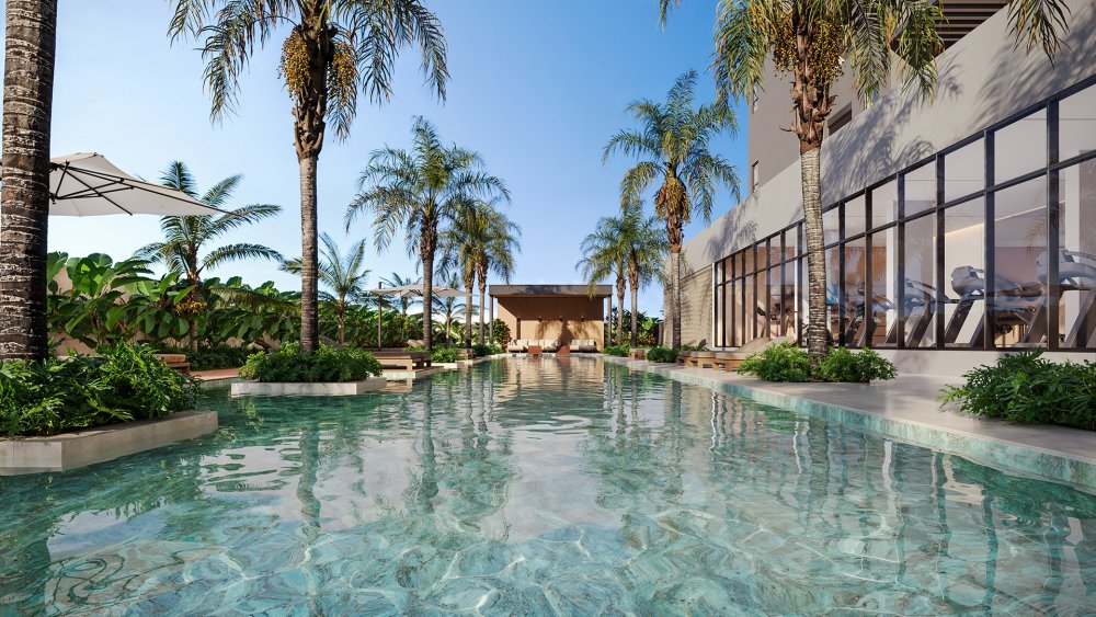 Piscina externa com palmeiras, espreguiçadeiras e paisagismo tropical