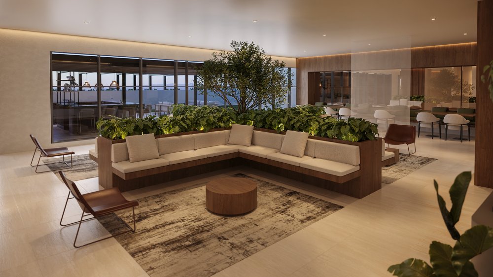 Lounge de convivência com sofá em L, jardineiras e poltronas
