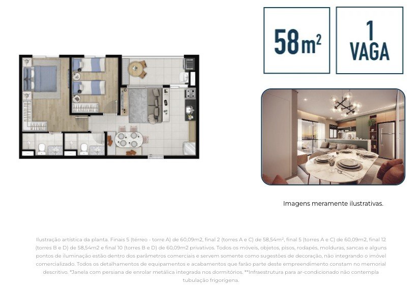 Planta da unidade de 58 m² com 2 dormitórios e 1 vaga