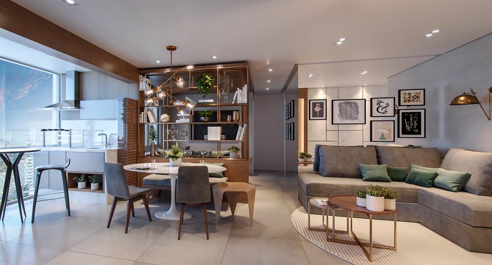 Living integrado com sala de jantar, estante decorativa e cozinha com bancada