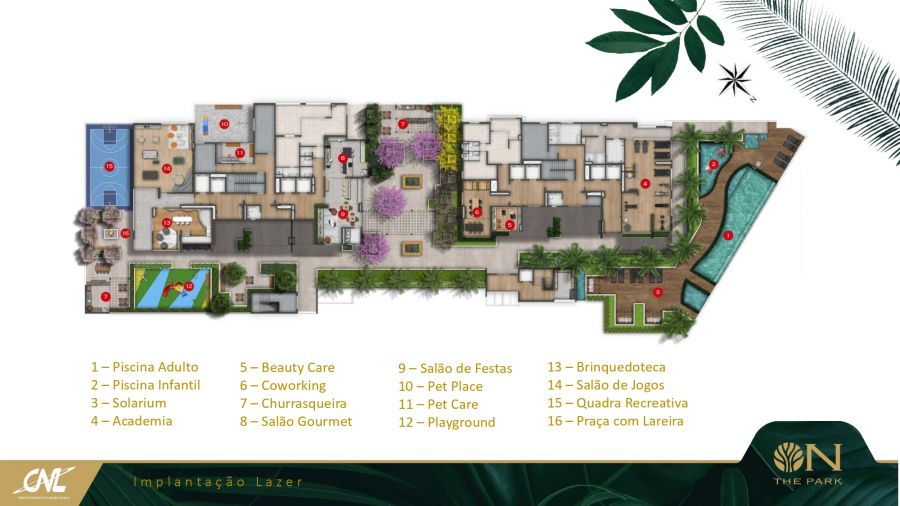 Planta da implantação do lazer com piscinas, academia, quadra e playground