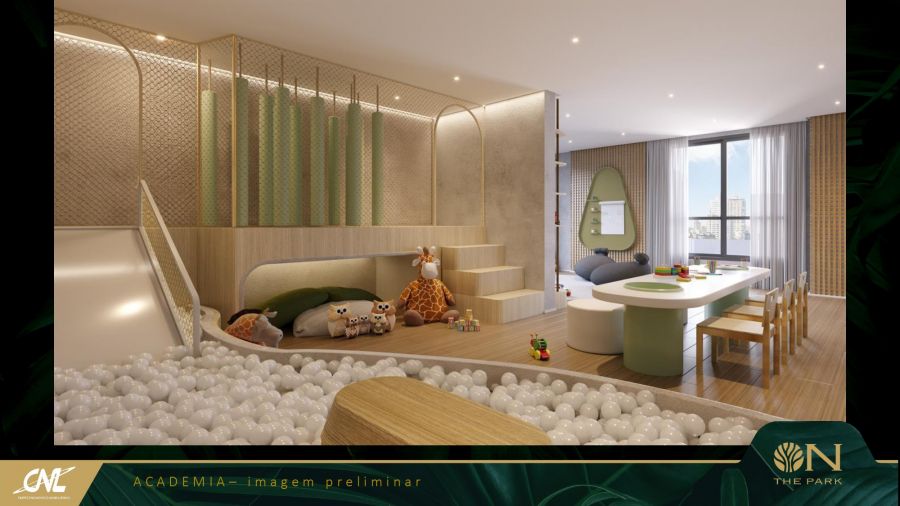 Brinquedoteca com piscina de bolinhas, escorregador e bichos de pelúcia