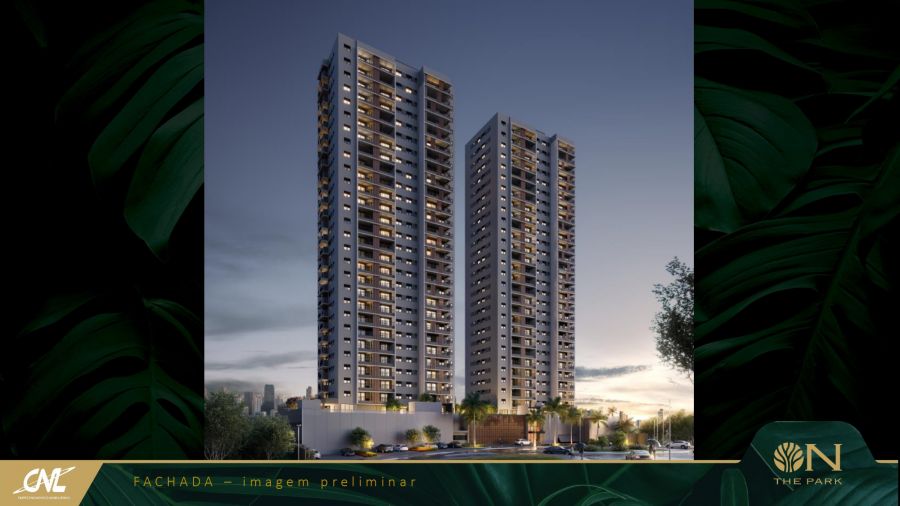 Fachada das duas torres residenciais ao entardecer