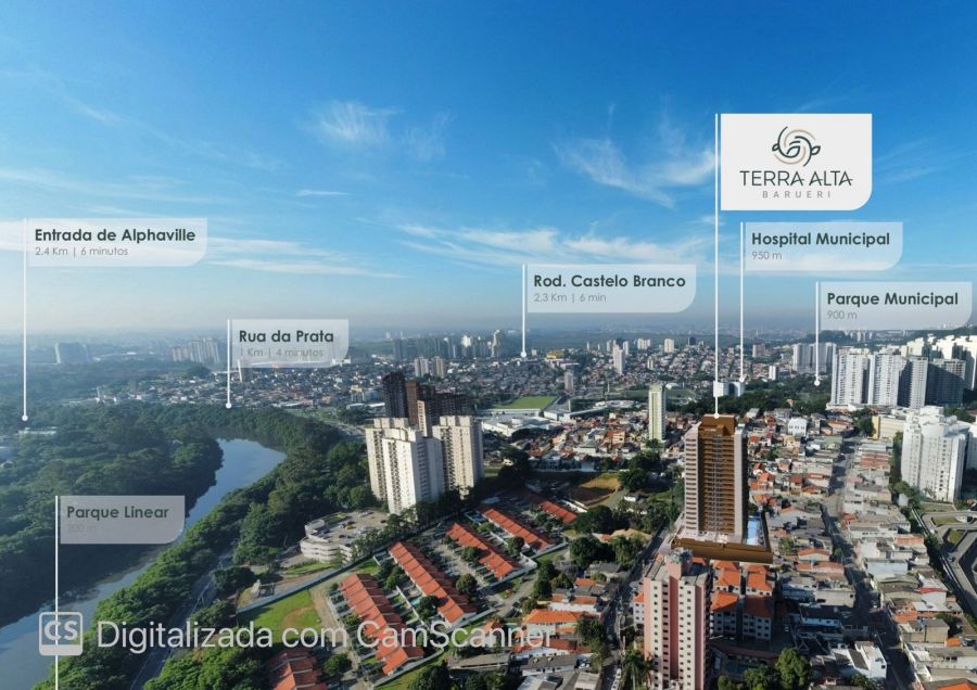 Vista aérea da região com a torre e distâncias até pontos de interesse