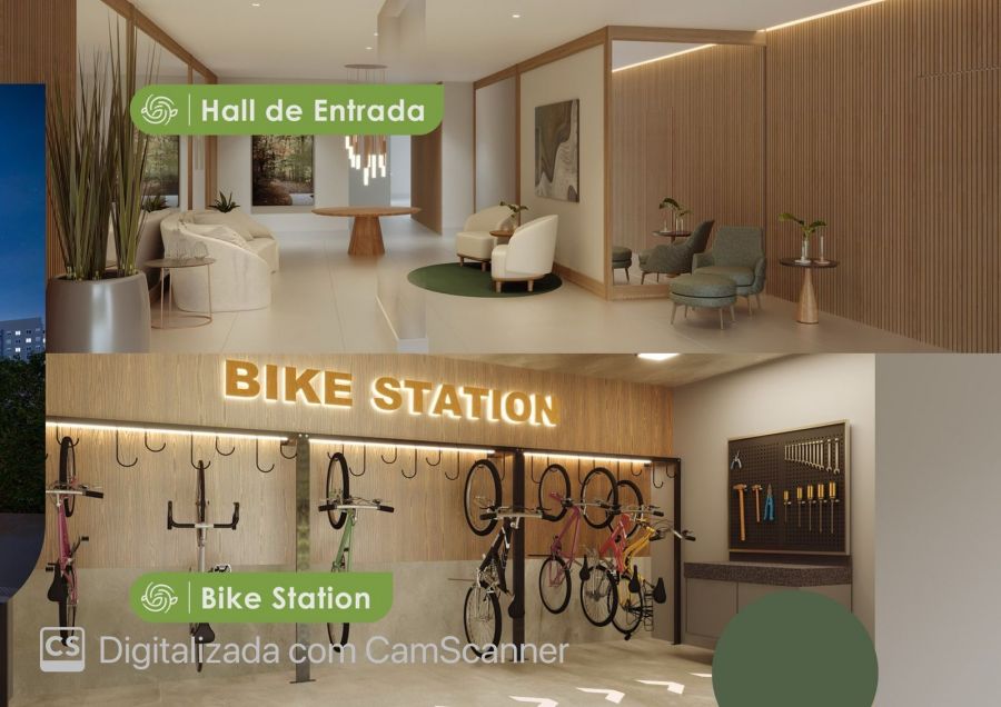 Hall de entrada e bike station com bicicletas penduradas