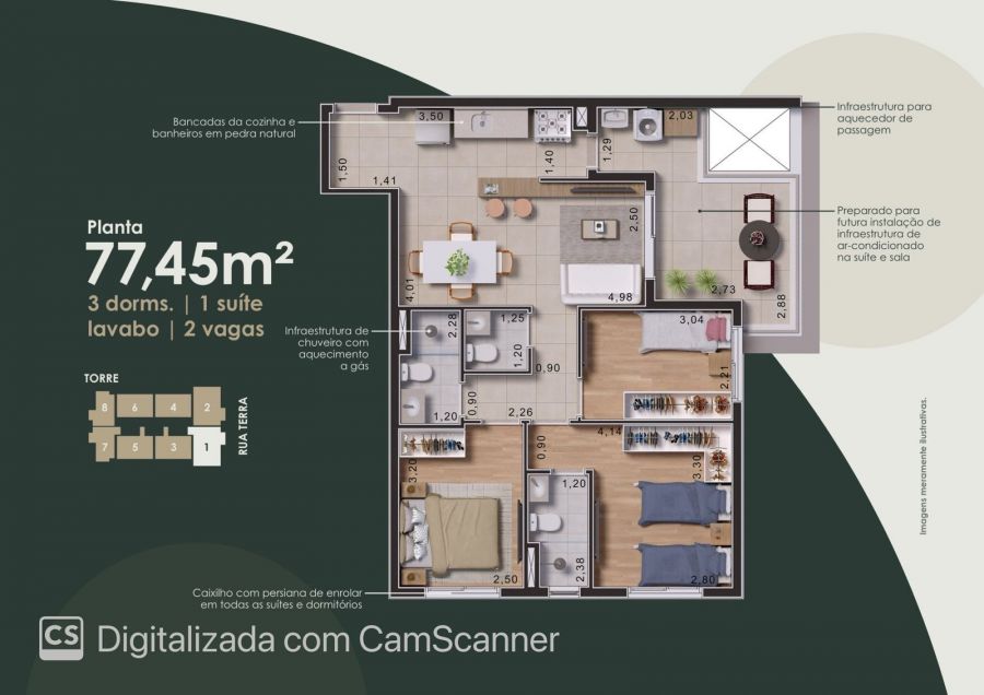 Planta da unidade de 77,45 m² com 3 dormitórios, suíte, lavabo e 2 vagas