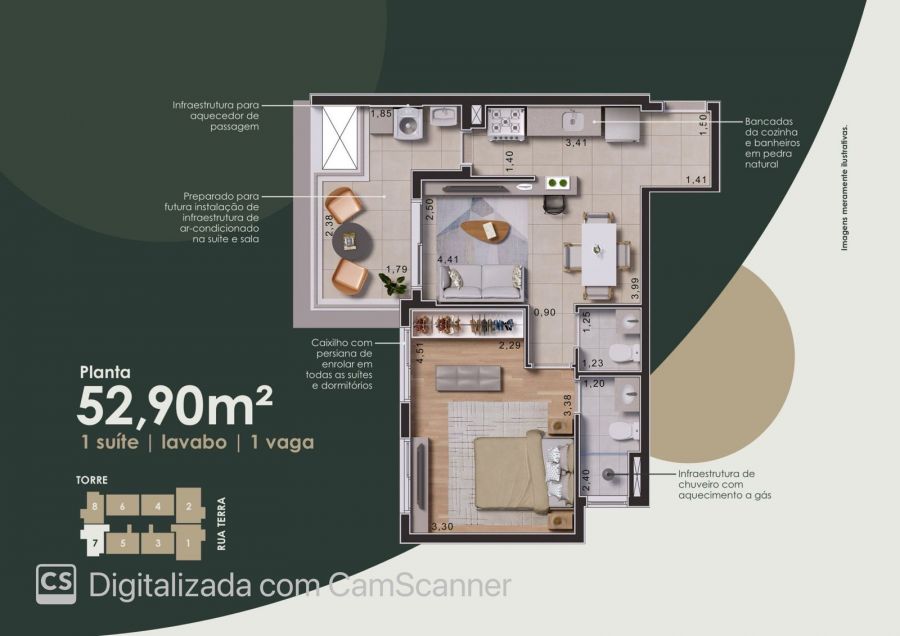 Planta da unidade de 52,90 m² com suíte, lavabo e 1 vaga