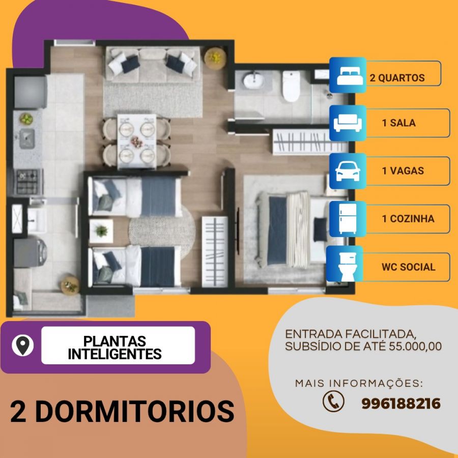 Planta da unidade de 2 dormitórios com sala, cozinha e WC social