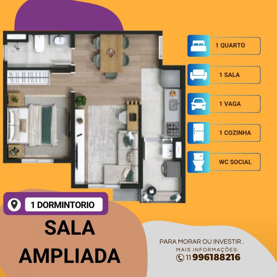 Planta da unidade de 1 dormitório com sala ampliada