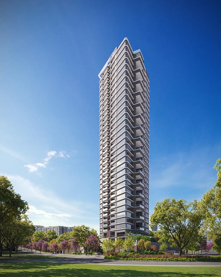 Fachada da torre residencial entre árvores sob céu azul