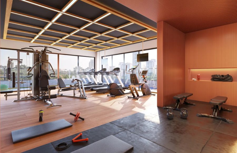 Academia equipada com esteiras, estacao de musculacao e halteres